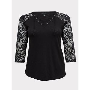 Slub V-Neck Lace-Up Lace Sleeve Top